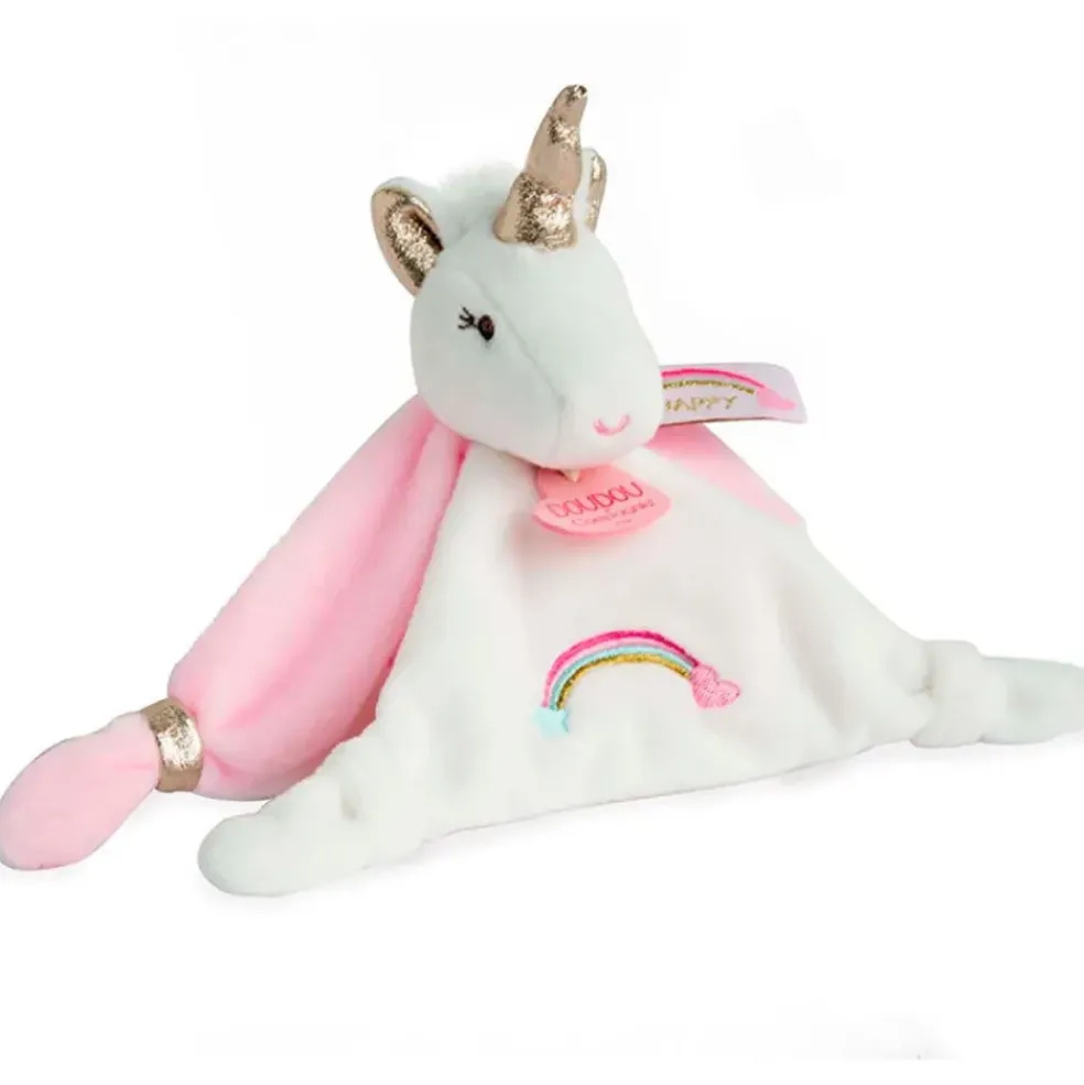 Doudou plat Licorne blanc et rose