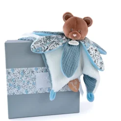 Doudou plat ours avec pétale bleu - Boh'Aime