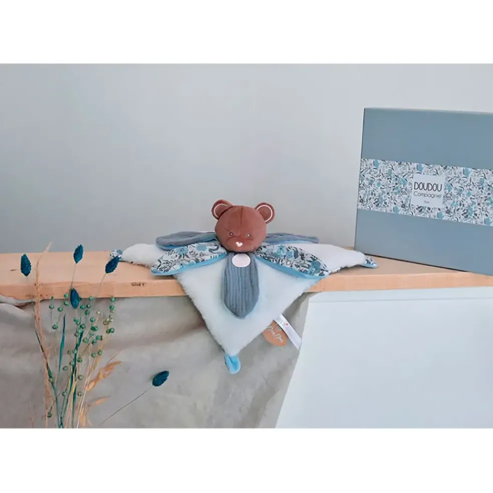 Doudou plat ours avec pétale bleu - Boh'Aime