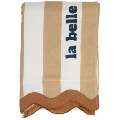 Drap de plage en coton rayé camel et blanc 170x85cm - Medi
