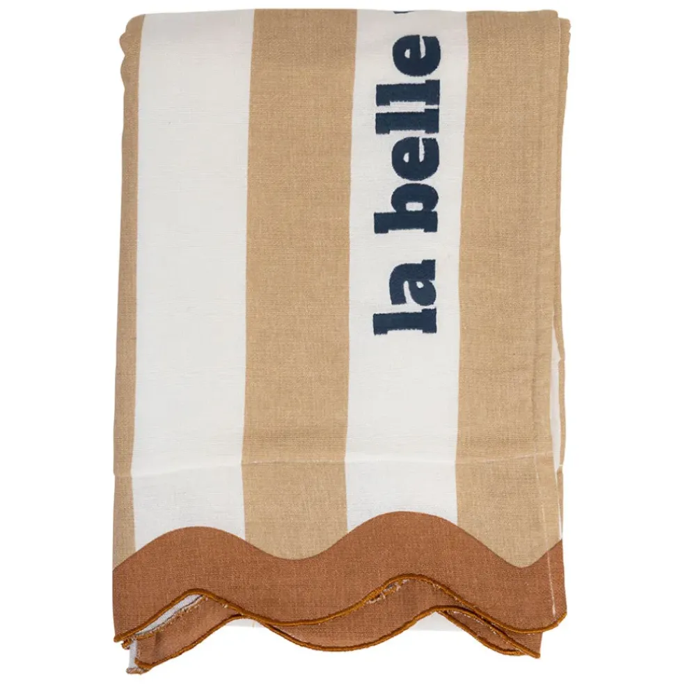 Drap de plage en coton rayé camel et blanc 170x85cm - Medi