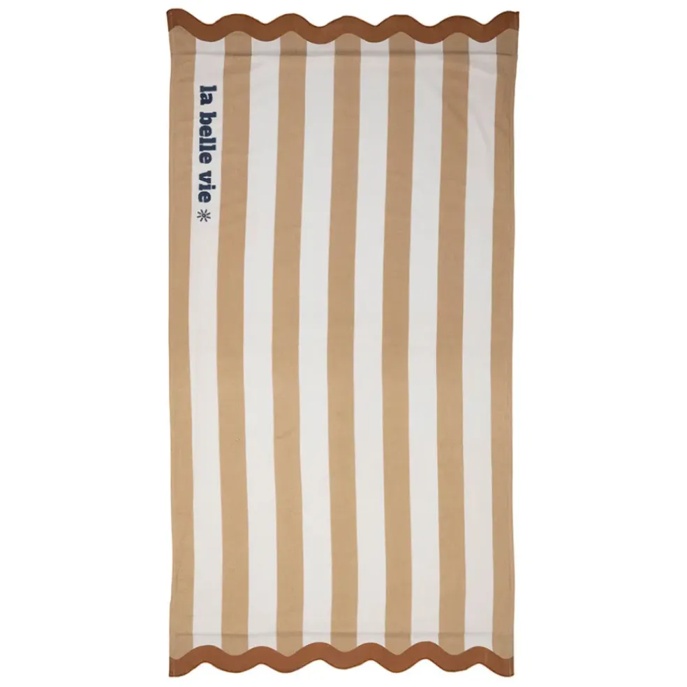 Drap de plage en coton rayé camel et blanc 170x85cm - Medi