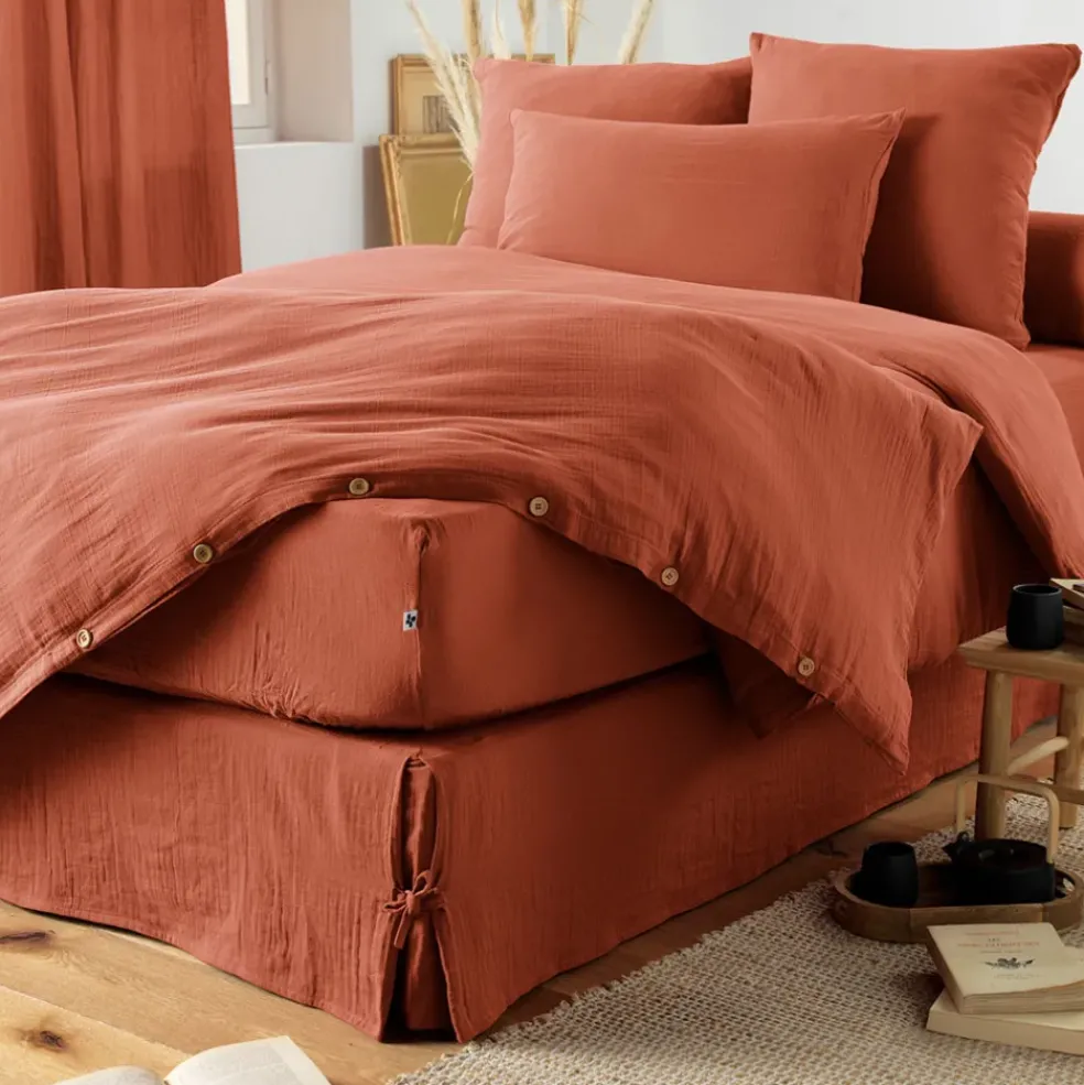 Drap housse en gaze de coton unie terracotta 140x190cm - Gaia