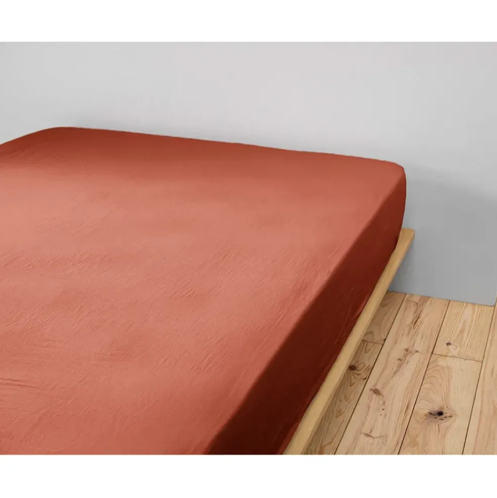 Drap housse en gaze de coton unie terracotta 180x200cm - Gaia