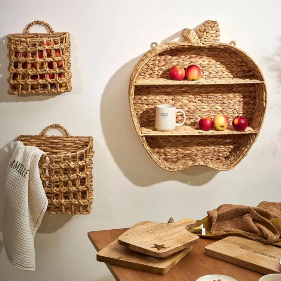 Etagere murale 2 niveaux en jacynthe d'eau et fer naturel h59cm - Pomme