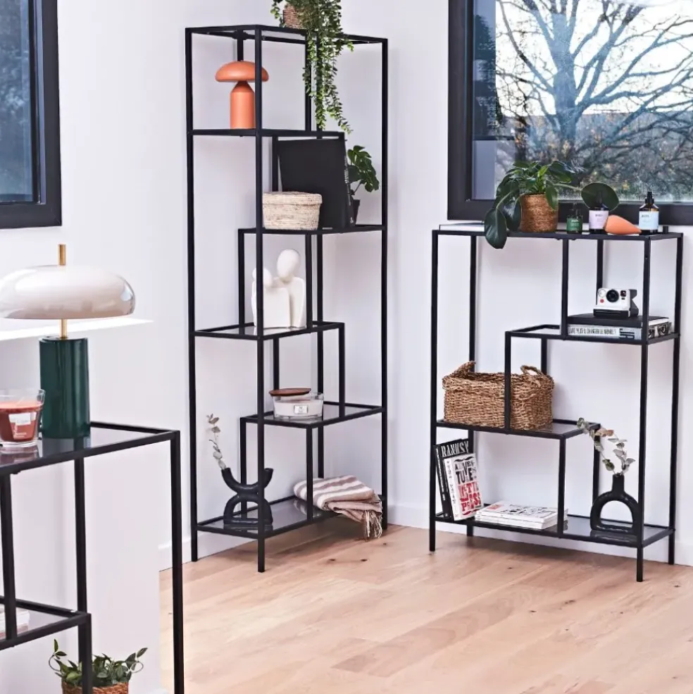 Etagère en fer noir et verre fumé h113cm - Edgard