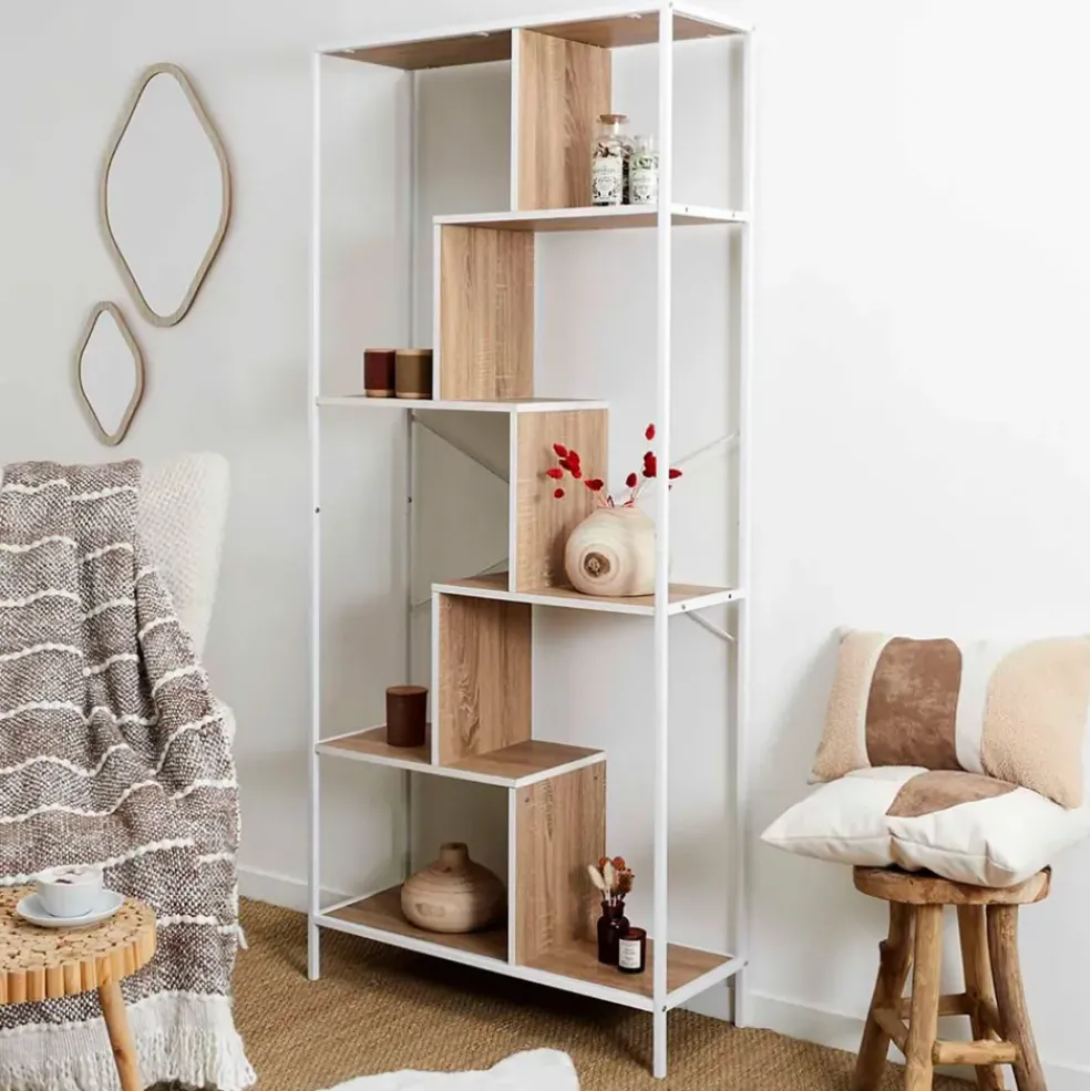 Etagère en métal blanc et bois naturel h180cm - Edgard