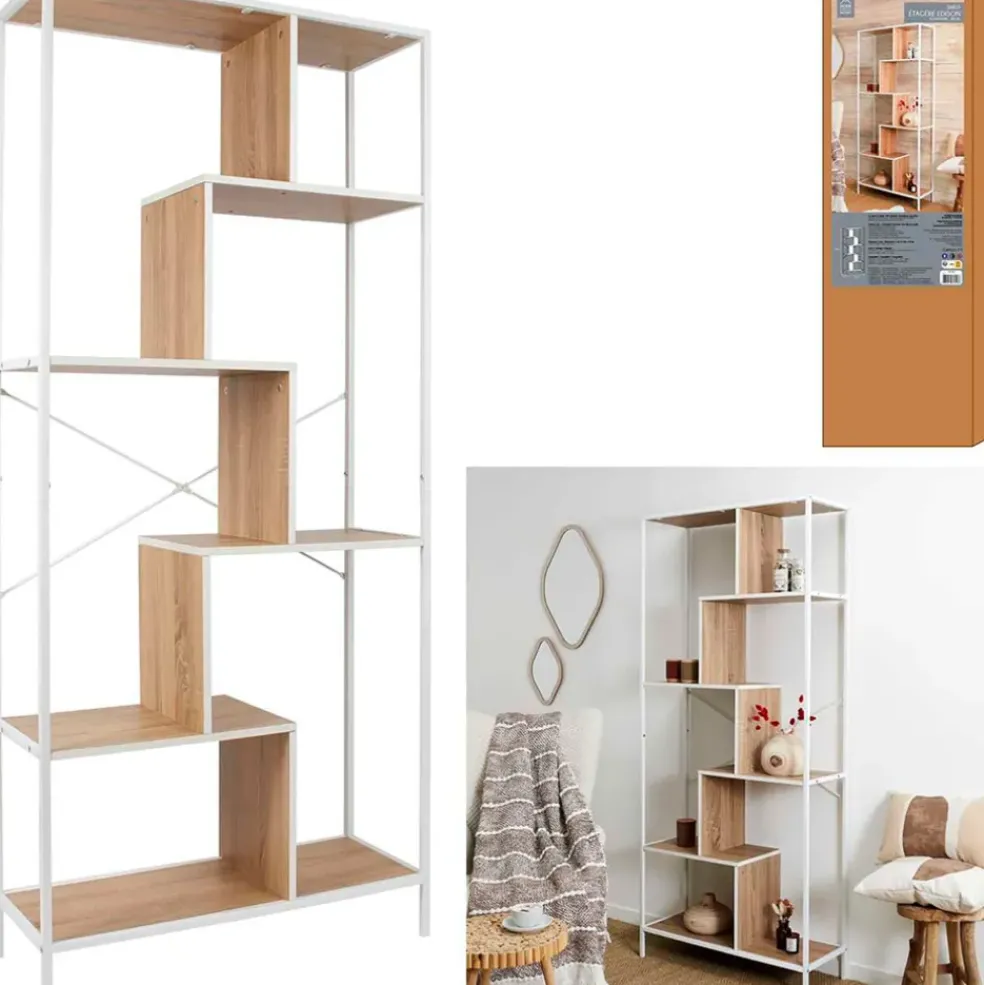 Etagère en métal blanc et bois naturel h180cm - Edgard