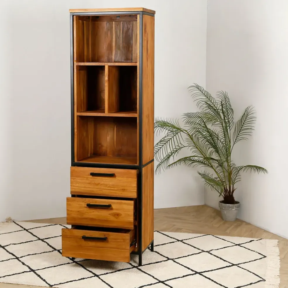 Etagère en teck massif recycle avec 3 tiroirs H190cm - Alix