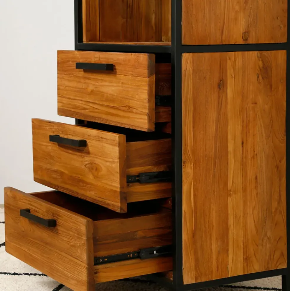 Etagère en teck massif recycle avec 3 tiroirs H190cm - Alix
