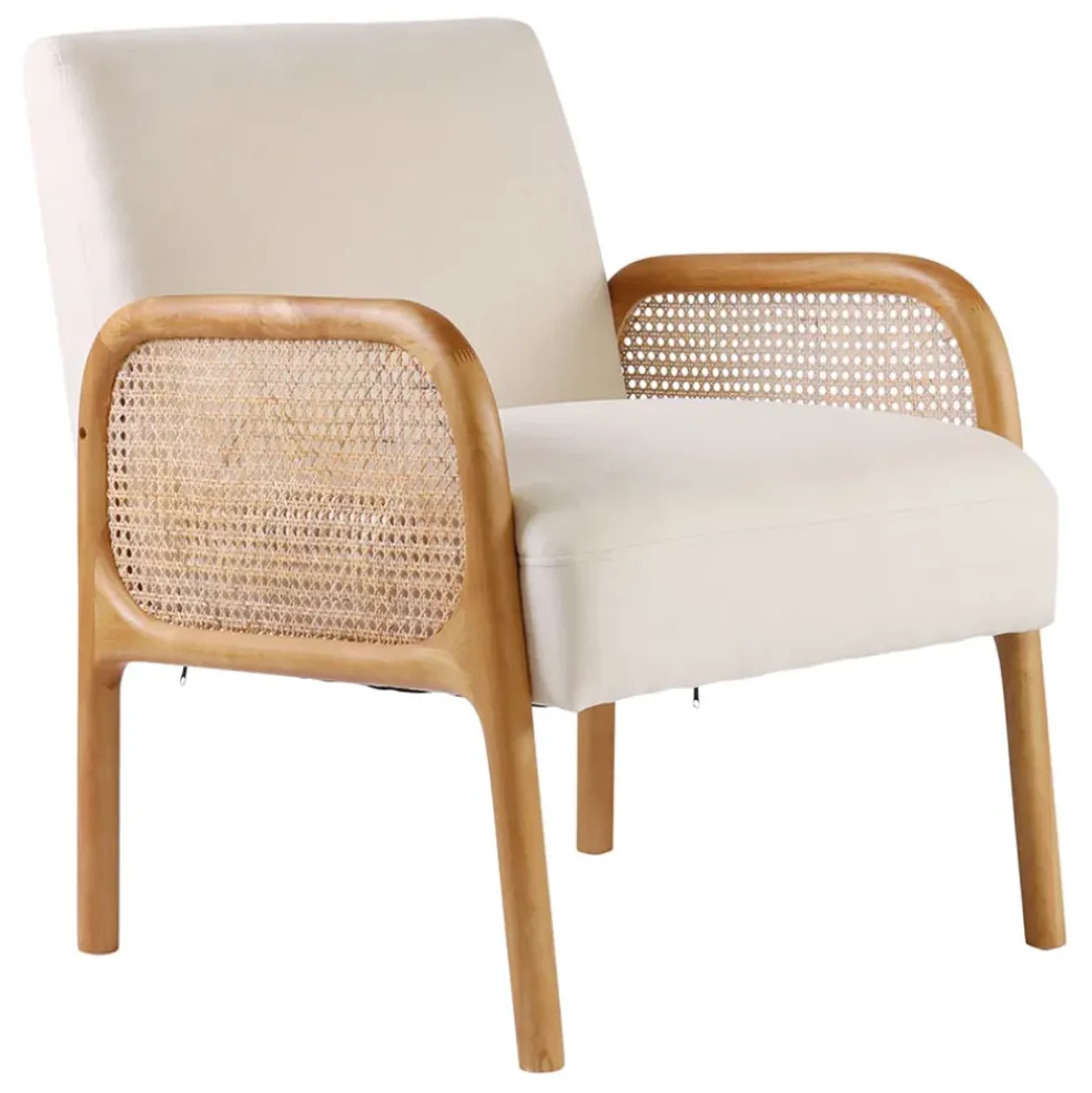 Fauteuil blanc cassé en bois d'hévéa et rotin - Firmin
