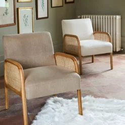 Fauteuil blanc cassé en bois d'hévéa et rotin - Firmin