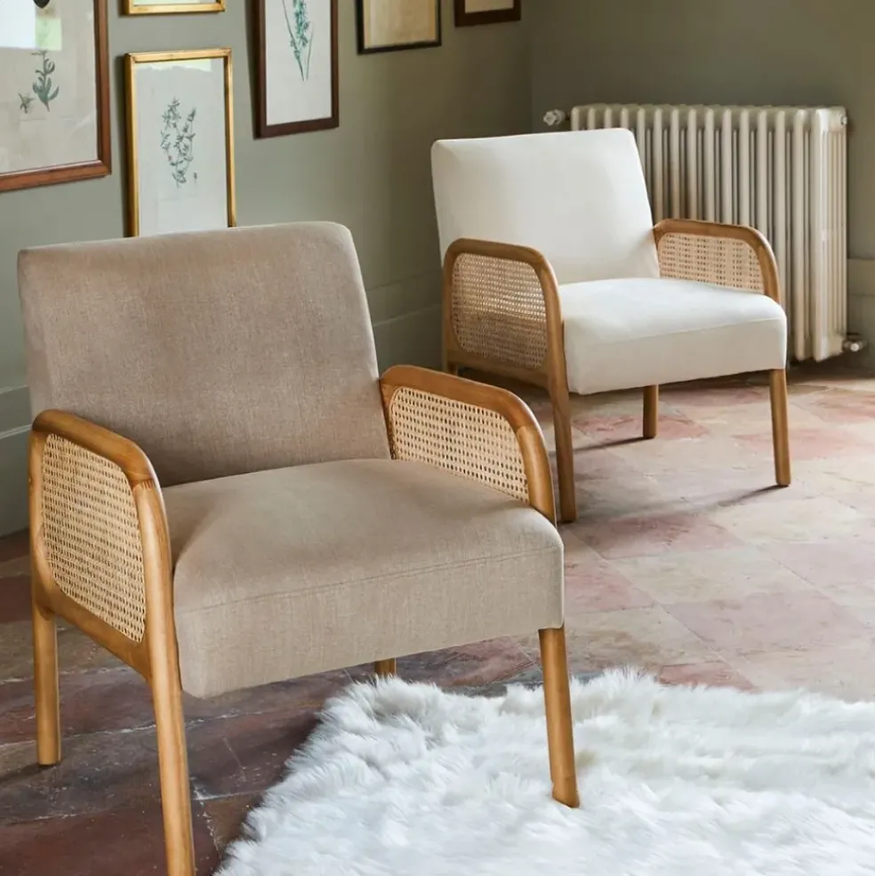 Fauteuil blanc cassé en bois d'hévéa et rotin - Firmin