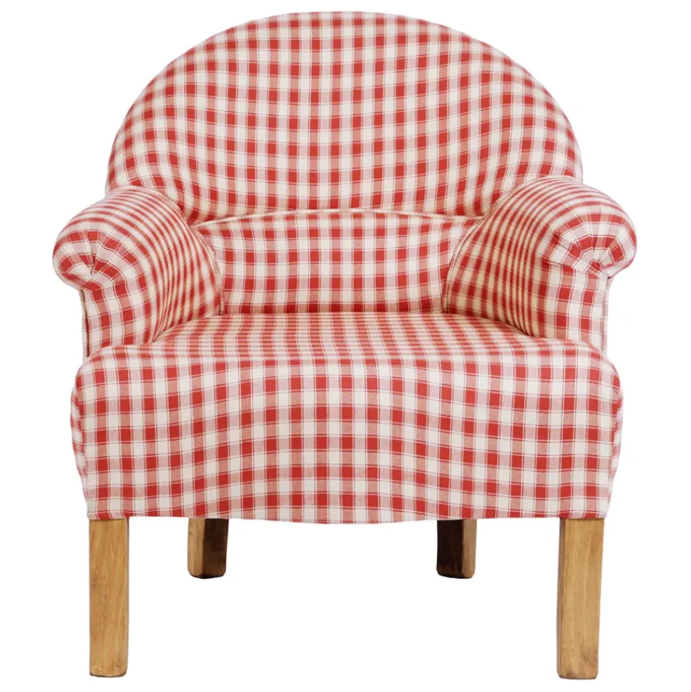 Fauteuil crapaud en coton vichy rouge et pin - Margot