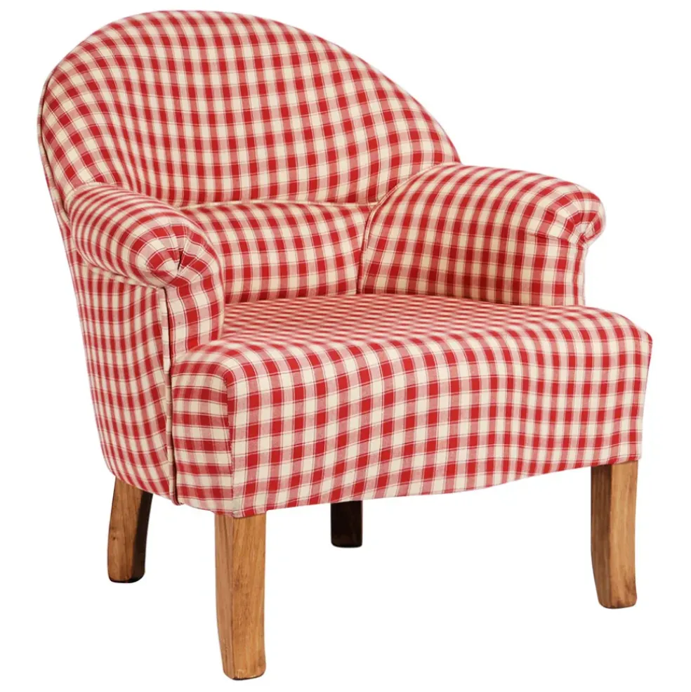 Fauteuil crapaud en coton vichy rouge et pin - Margot