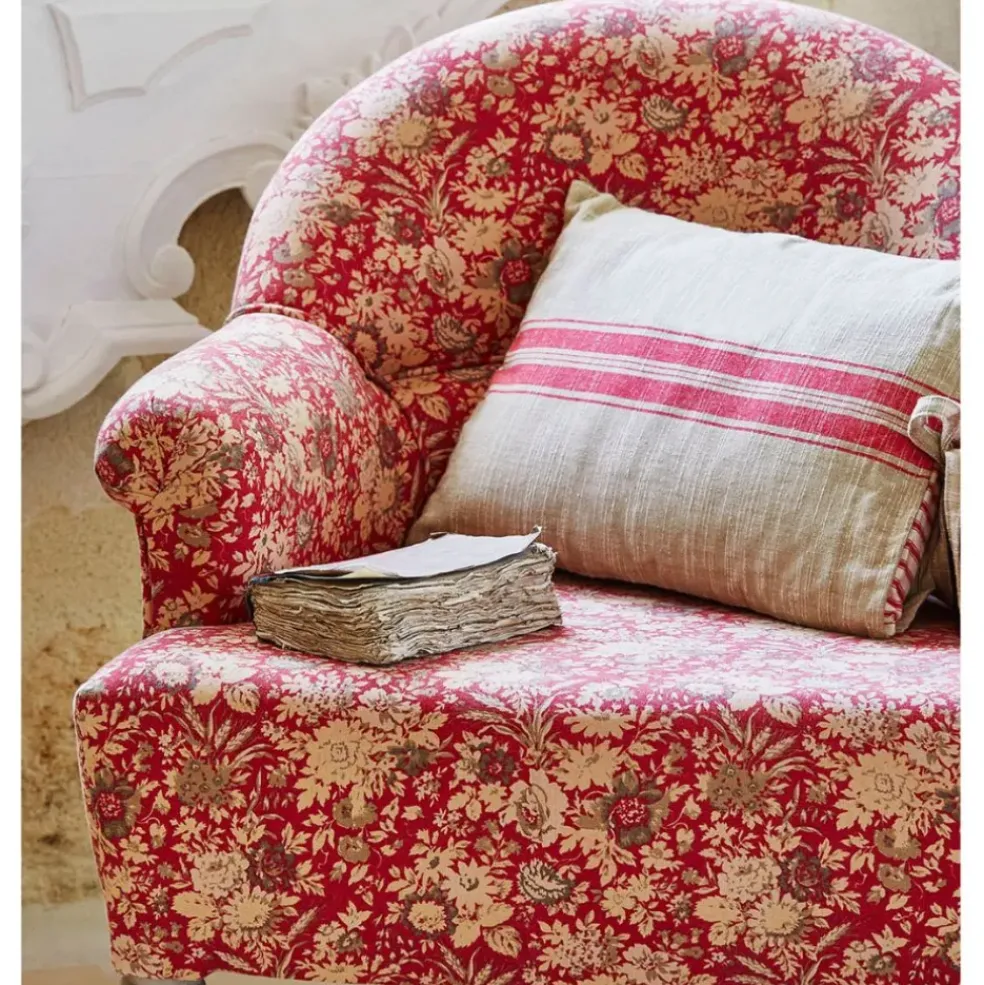 Fauteuil crapaud floral en coton rouge et pin - Margot