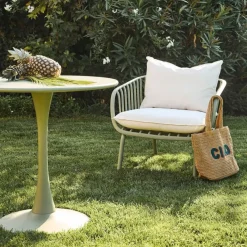 Fauteuil d'extérieur kaki avec 2 coussins en tissu blanc - Lumi