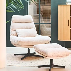 Fauteuil et repose pied en tissu beige et fer noir - Lery