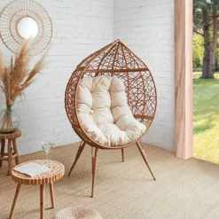 Fauteuil extérieur œuf en métal naturel et beige