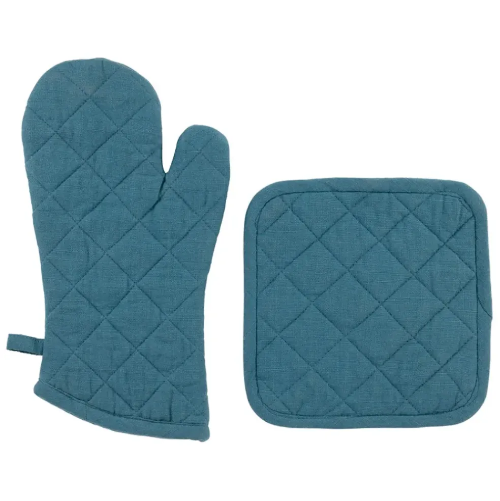 Gant et manique en coton bleu de Prusse - Cellier