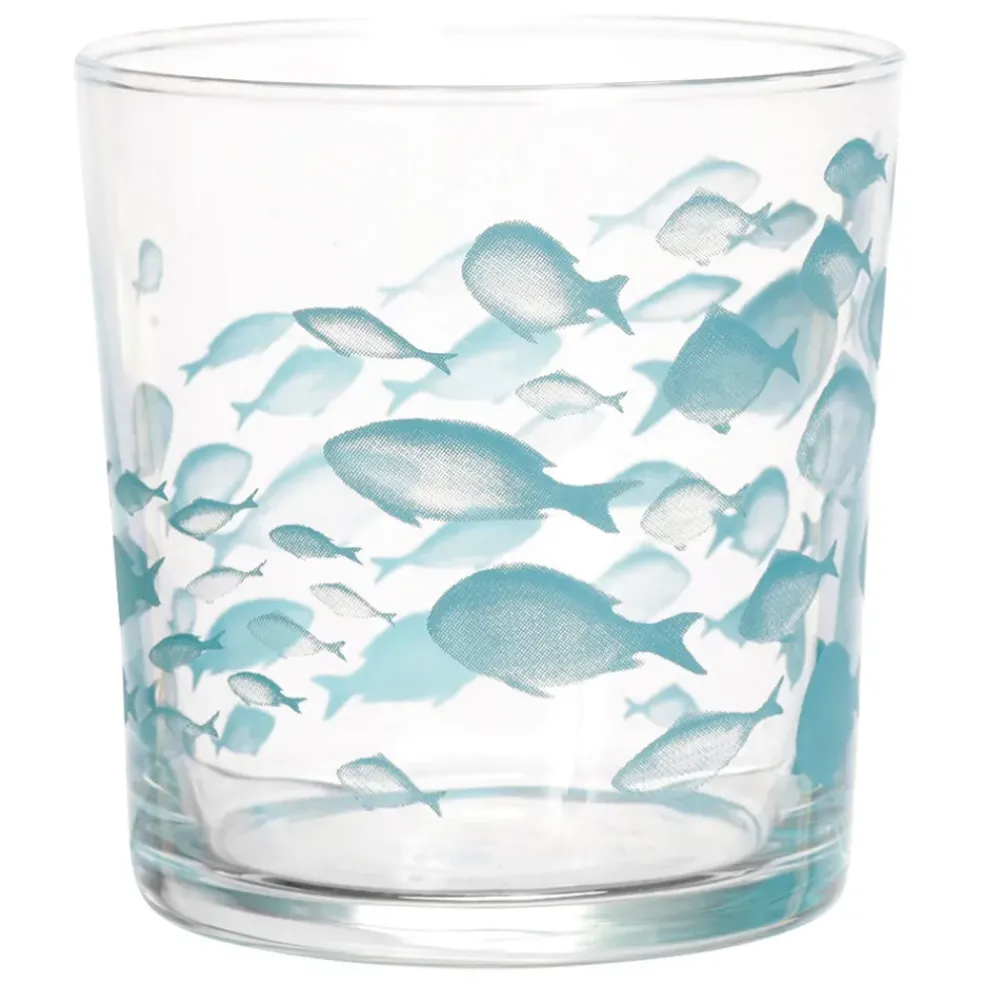 Gobelet banc de poissons turquoise en verre