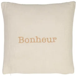 Housse de coussin bonheur en gaze de coton écru 45x45cm
