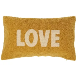 Housse de coussin bouclette "Love" moutarde et beige 50x30cm - Funky