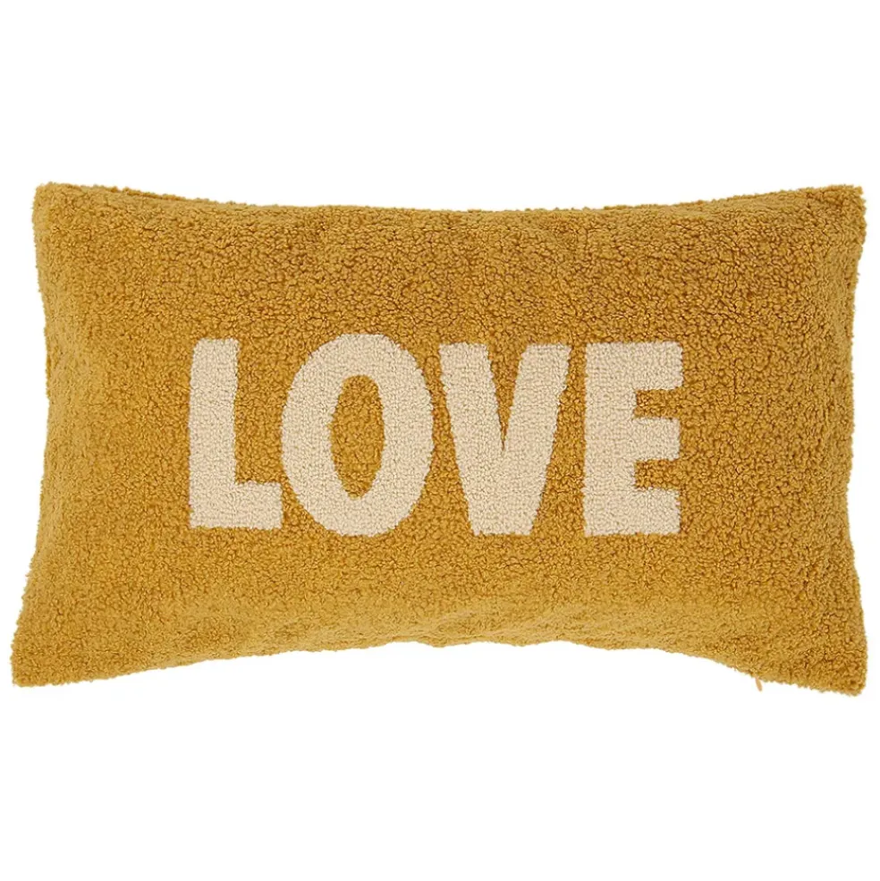 Housse de coussin bouclette "Love" moutarde et beige 50x30cm - Funky