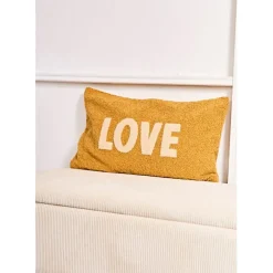 Housse de coussin bouclette "Love" moutarde et beige 50x30cm - Funky
