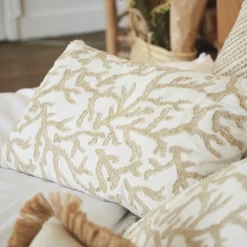 Housse de coussin coton motif coreil blanc et beige 50x30cm - estran