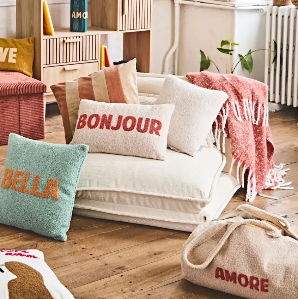 Housse de coussin en bouclettes ecru 50x30cm - Funny