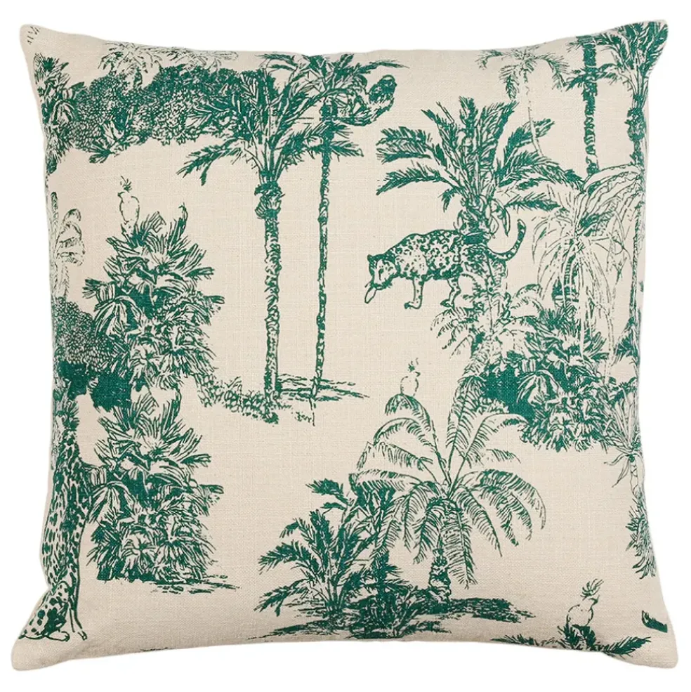 Housse de coussin en coton écru et palmiers émeraude 45x45cm - Mocoa