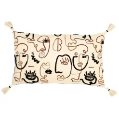 Housse de coussin rectangulaire visage brodée écru, brun et noir 50x30cm - terre brulée