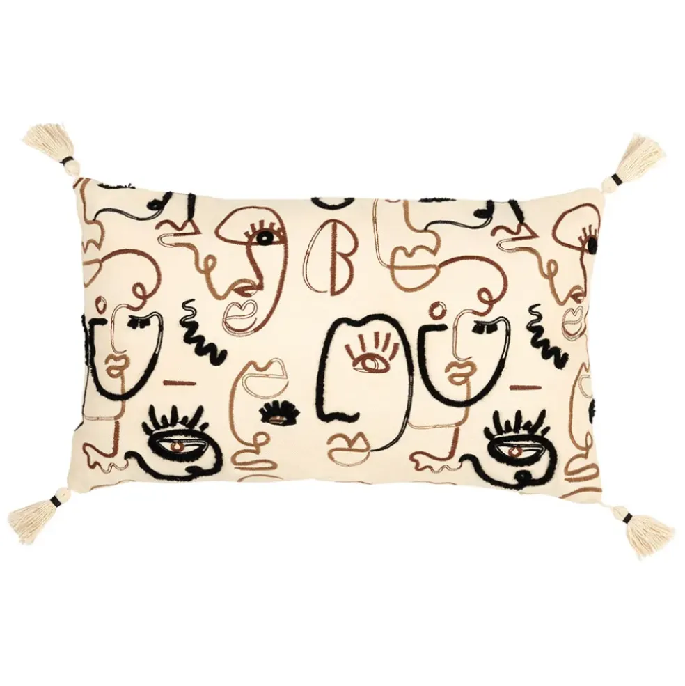 Housse de coussin rectangulaire visage brodée écru, brun et noir 50x30cm - terre brulée