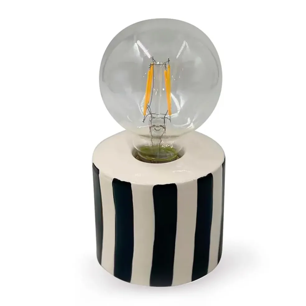 Lampe à piles en faïence rayée noir et blanc h17cm