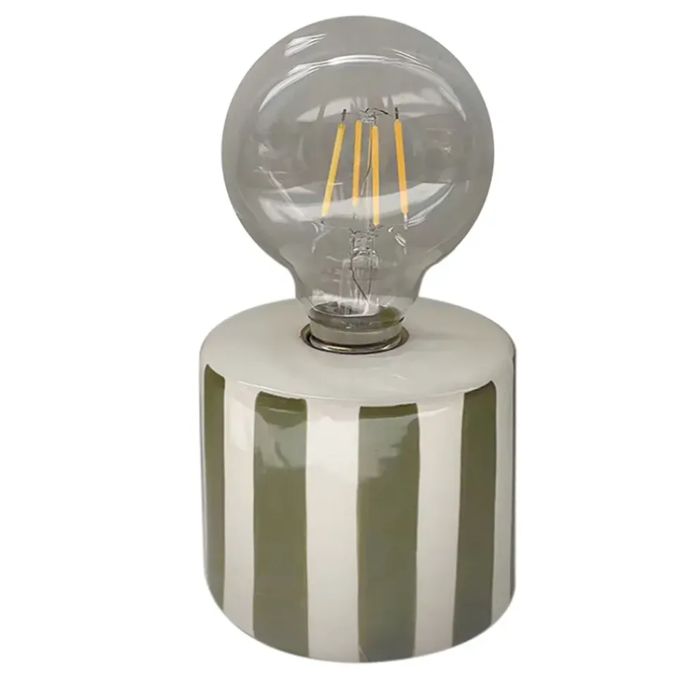 Lampe à piles en faïence rayée kaki et blanc h17cm