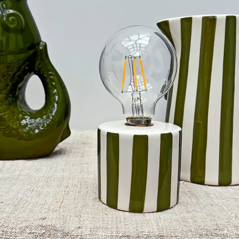 Lampe à piles en faïence rayée kaki et blanc h17cm