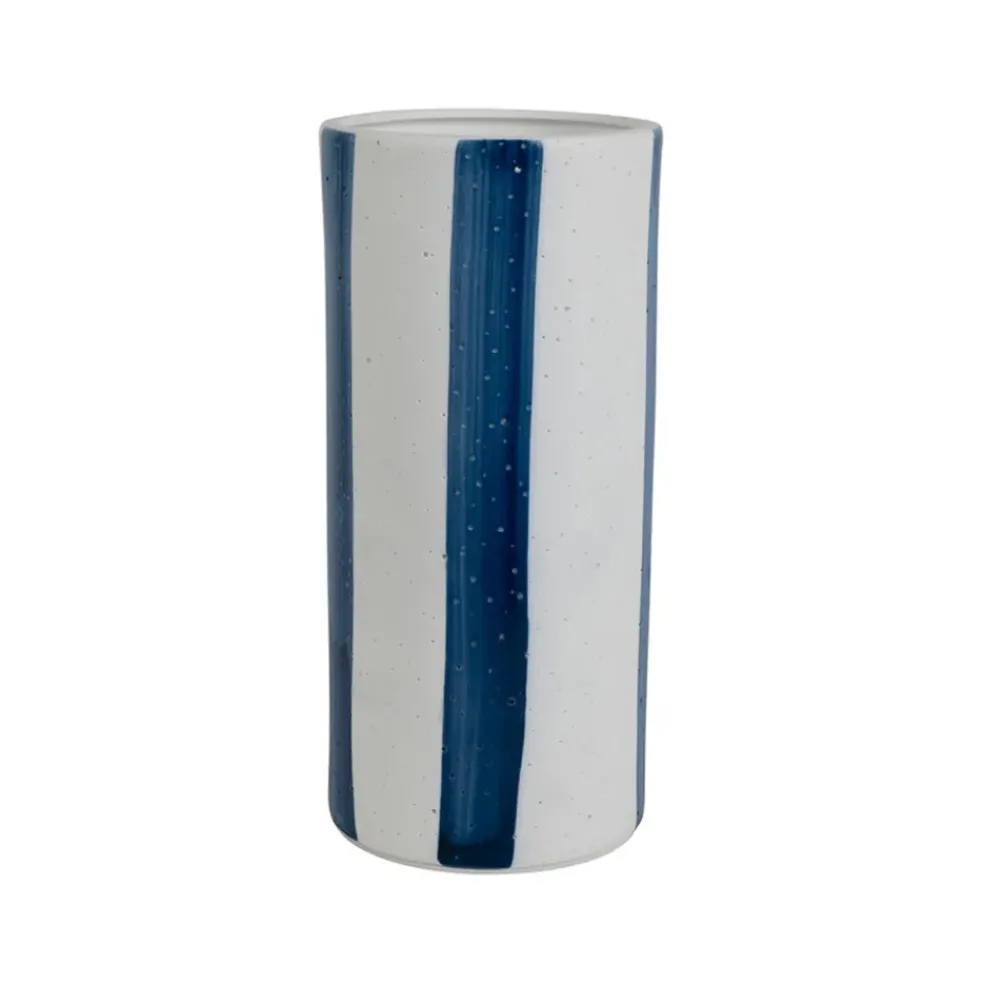 Lampe cylindre en porcelaine rayée indigo et blanc h24cm - Alaria
