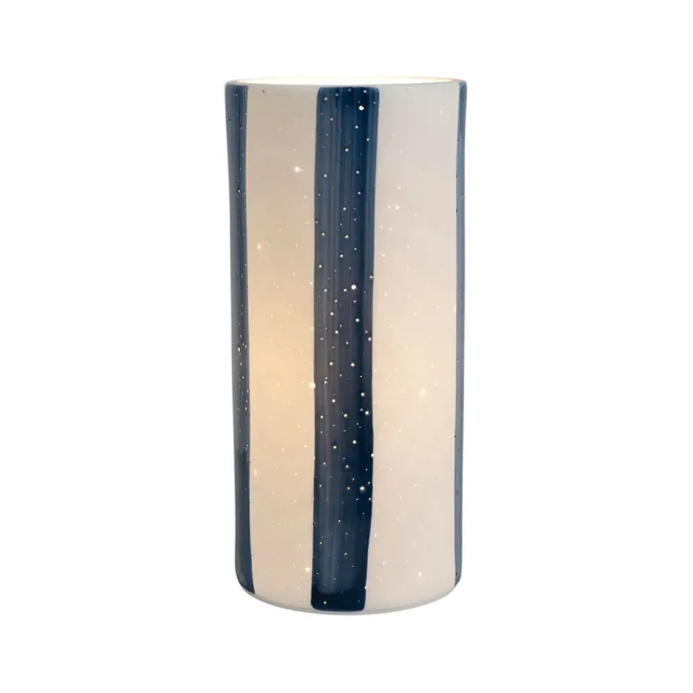 Lampe cylindre en porcelaine rayée indigo et blanc h24cm - Alaria