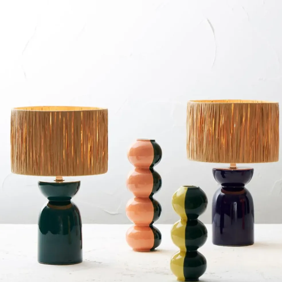 Lampe en raphia naturel et céramique émeraude h38cm - Palma