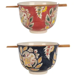 Lot de 2 bols et baguettes en grès et bambou multicolore d13xh9.5cm - Orchila