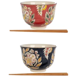 Lot de 2 bols et baguettes en grès et bambou multicolore d13xh9.5cm - Orchila