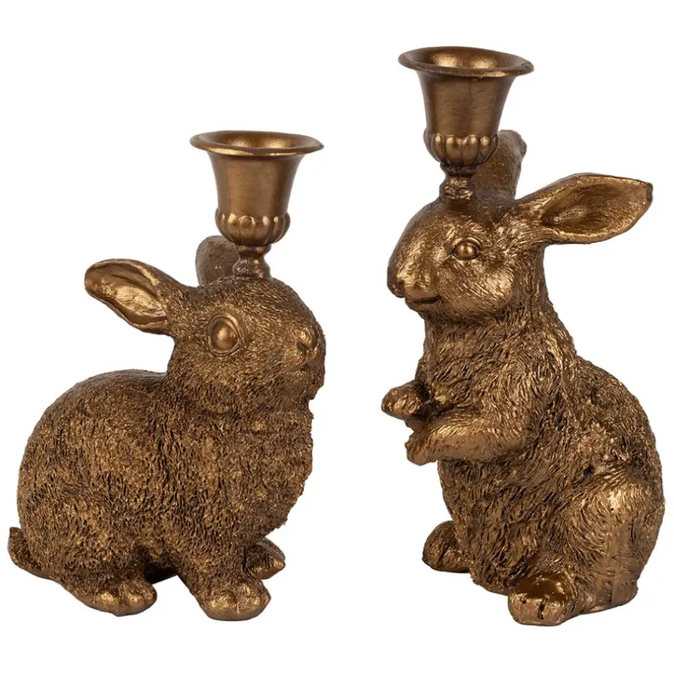 Lot de 2 bougeoirs lapin en poudre de pierre et fer mordoré - Floreal