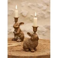 Lot de 2 bougeoirs lapin en poudre de pierre et fer mordoré - Floreal