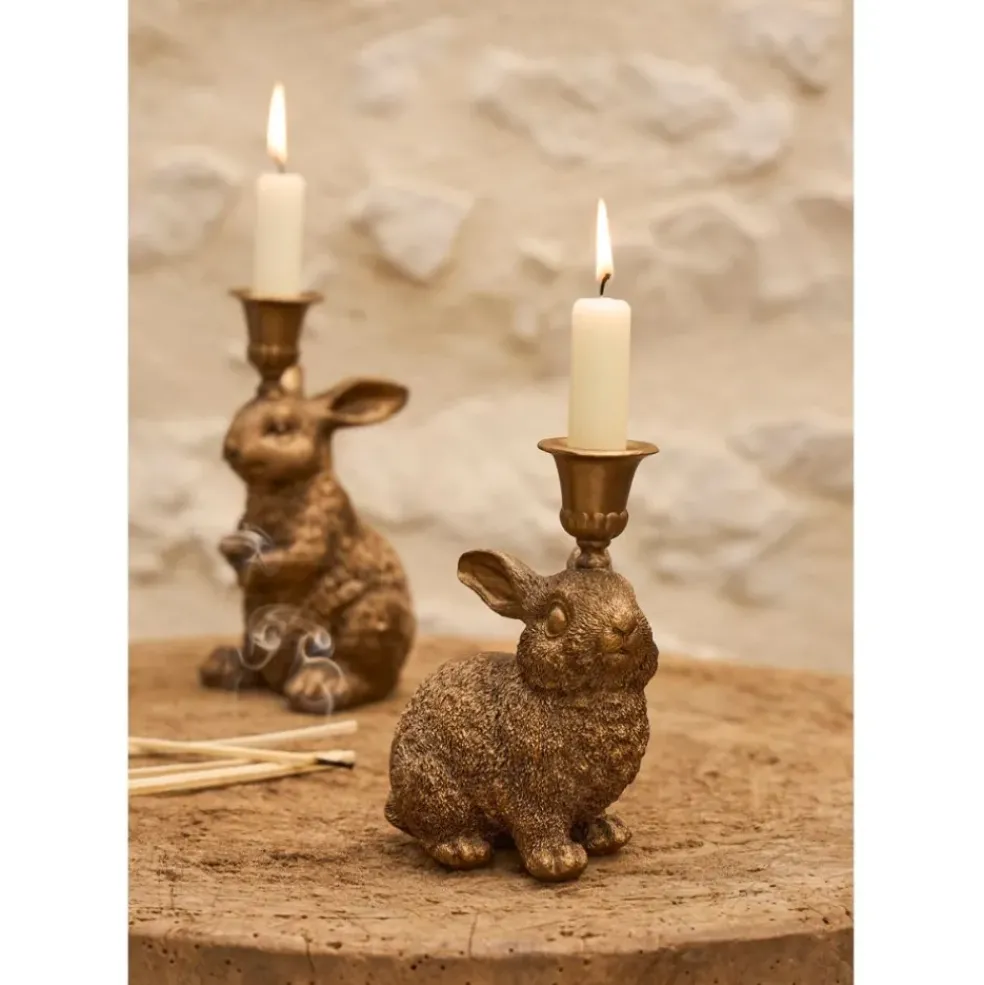 Lot de 2 bougeoirs lapin en poudre de pierre et fer mordoré - Floreal