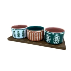 Lot de 3 coupelles en grès et plateau terracotta, vert et blanc - romance vegetal