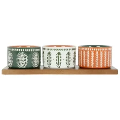 Lot de 3 coupelles en grès et plateau terracotta, vert et blanc - romance vegetal