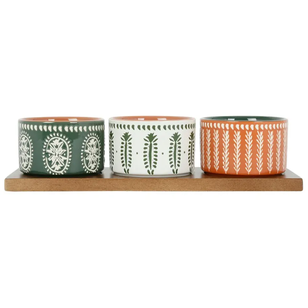 Lot de 3 coupelles en grès et plateau terracotta, vert et blanc - romance vegetal