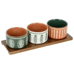 Lot de 3 coupelles en grès et plateau terracotta, vert et blanc - romance vegetal