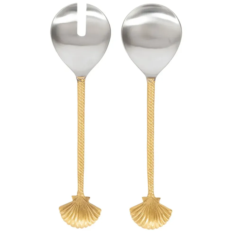 Lot de 2 couverts de salade en inox et laiton doré - Coquillage